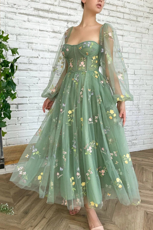 Sweetheart Green Tulle Tea Length Prom Dresses With Embroidery,WP373