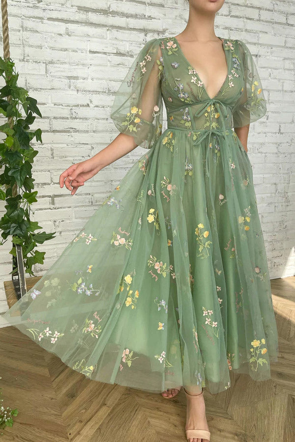 Elegant V Neck Green Tea Length Prom Dresses,WP372