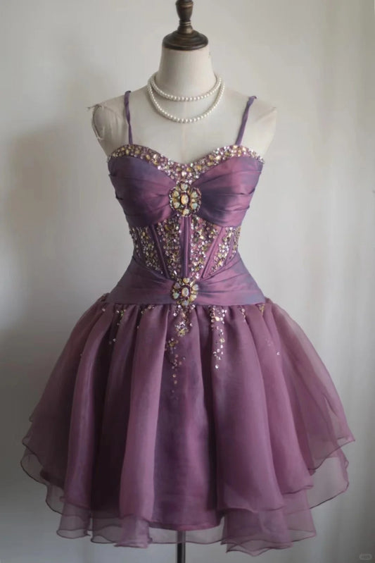 Retro Purple Beading Design A-line Tulle Spaghetti Strap Party Dresses Homecoming Dresses, TP3805