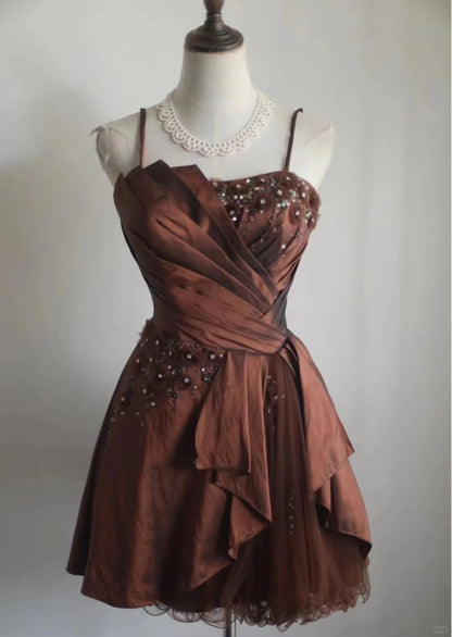 Vintage Brown Beading Design A-line Spaghetti Strap Party Dresses Homecoming Dresses, TP3804