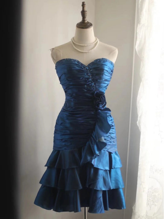 Retro Blue Beading Design A-line Satin Strapless Sweetheart Tiered Party Dresses Homecoming Dresses, TP3806