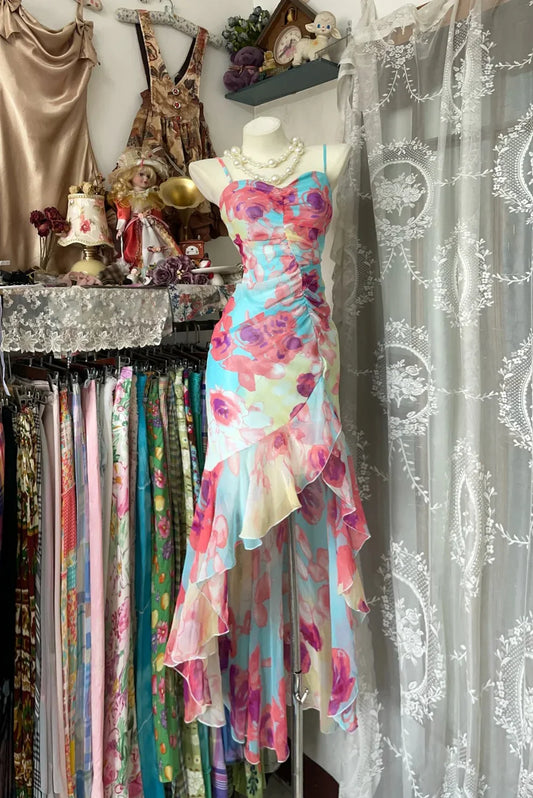 Vintage Floral Sweetheart Prom Dress Spaghetti Strap Evening Dress Long Sheath Formal Dress TP4644