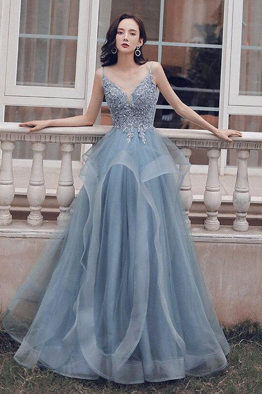 Lace Appliqued Blue Tulle Prom Dress With Ruffles,WP084