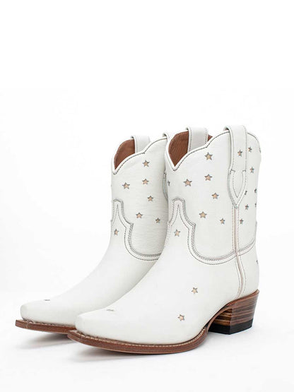 White Snip Toe Stars Detail Chunky Heel Cowgirl Ankle Boots