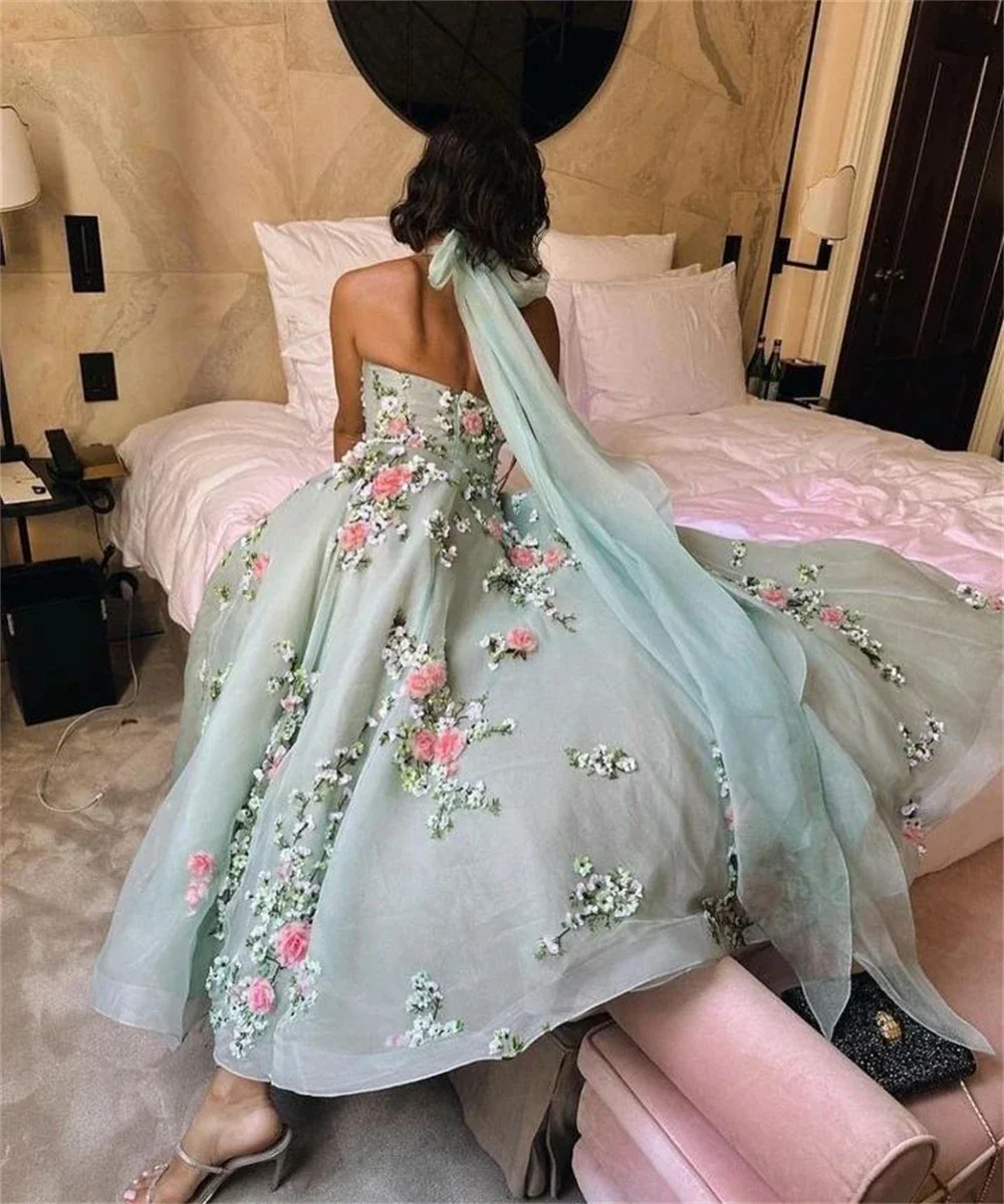 Ball Gown Halter Light Blue Tulle Lace Prom Dresses Evening Dress cg26211
