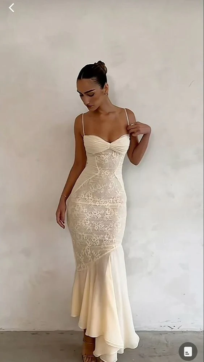 Mermaid Spaghetti Straps Ivory Lace Floor Length Prom Dresses Chiffon Evening Dress cg26207