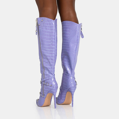 Purple Studded Stiletto Heel Buckle Strap Snakeskin Knee High Boots