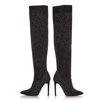 Black Fabric Stiletto Heels Long Boots Fashion Knee High Boots