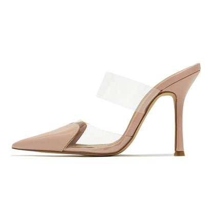 Beige & Clear Pointed Toe 4'' Stiletto Heel Mules