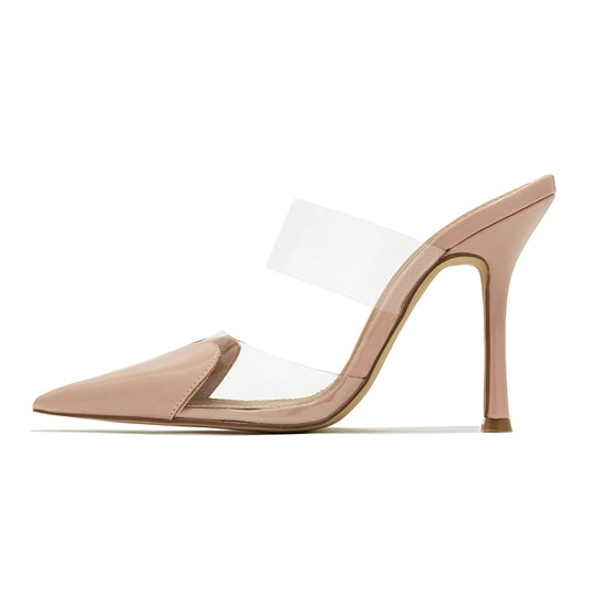 Beige & Clear Pointed Toe 4'' Stiletto Heel Mules
