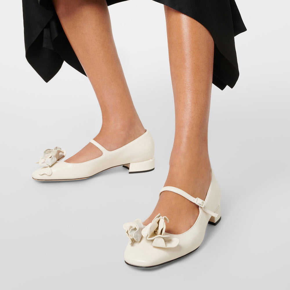 Women's White Square Toe Floral Low Block Heel Mary Jane Pumps