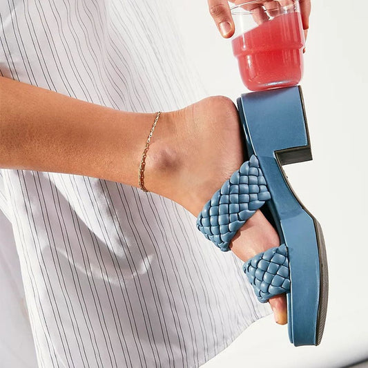 Women's Blue Braided Double Strap Chunky Heel Platform Mules