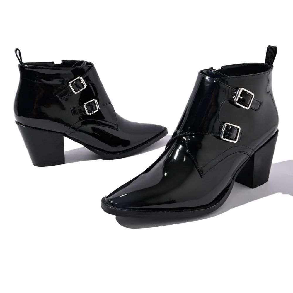 Black Patent Leather Monk Buckle Chunky Heel Ankle Boots