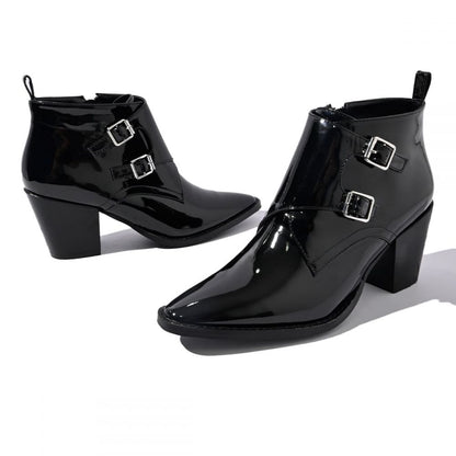 Black Patent Leather Monk Buckle Chunky Heel Ankle Boots