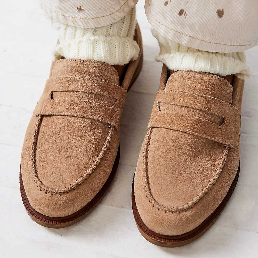 Beige Faux Suede Round Toe Low Chunky Heel Loafers