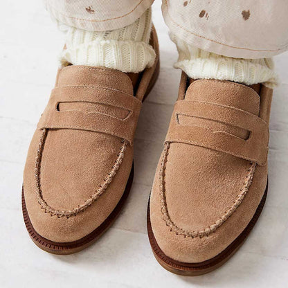 Beige Faux Suede Round Toe Low Chunky Heel Loafers