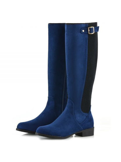 Navy Closed Toe Low Heel Buckled Zip Closure Knee High Boots for Women