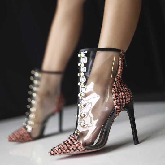 Black & Orange Stiletto Heel Pointed Toe Button Clear Ankle Boots