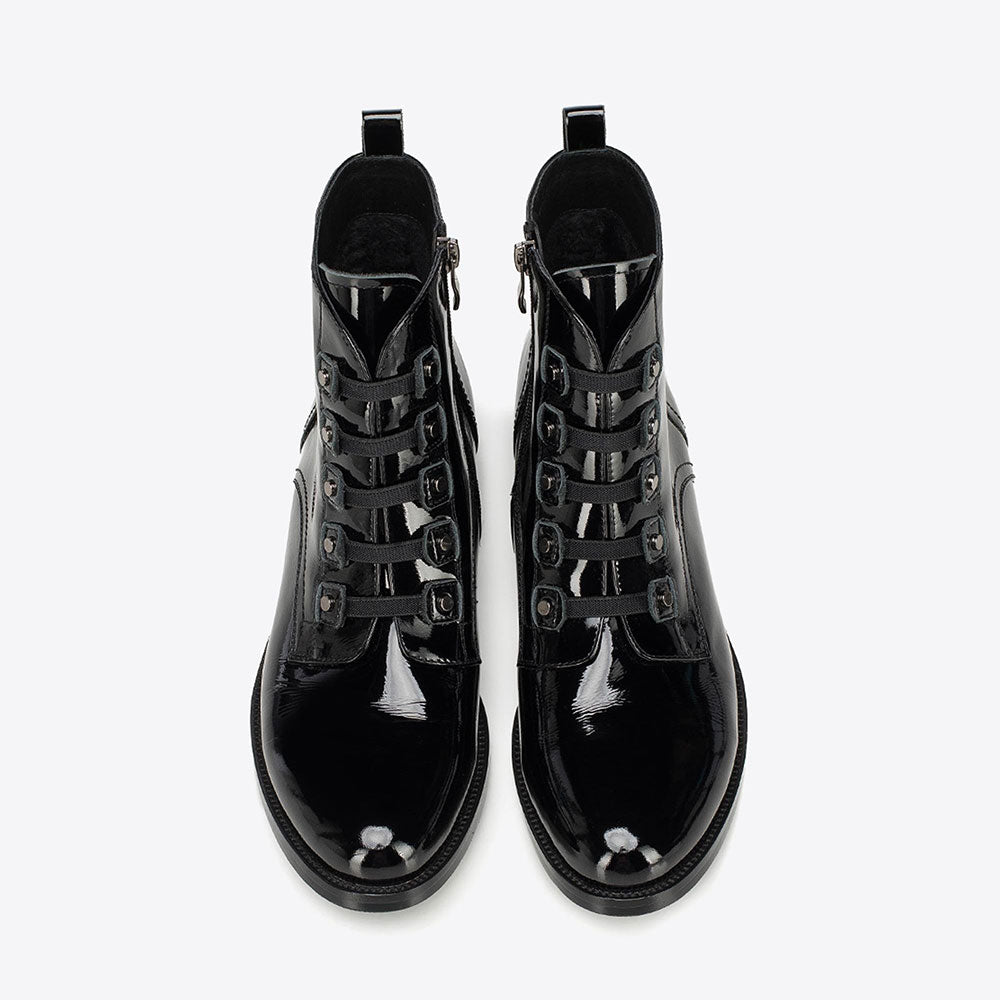 Black Patent Studded Round Toe Low Heeled Ankle Boots with Zipper