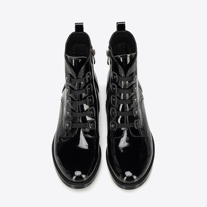 Black Patent Studded Round Toe Low Heeled Ankle Boots with Zipper