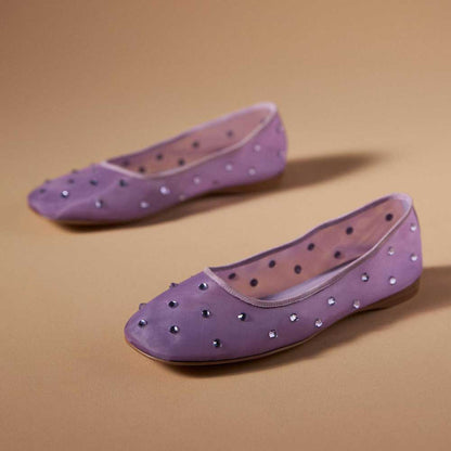 Purple Mesh Sophisticated Rhinestone Embellished Comfy Ballet Flats