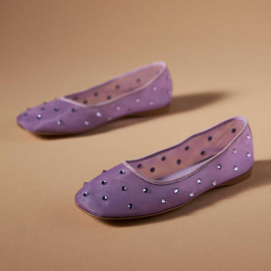 Purple Mesh Sophisticated Rhinestone Embellished Comfy Ballet Flats