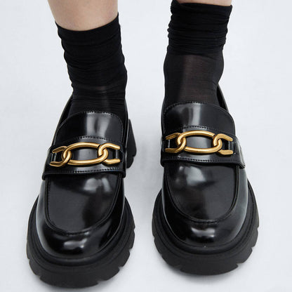 Black Patent Leather Round Toe Chunky Heel Slip-On Loafers