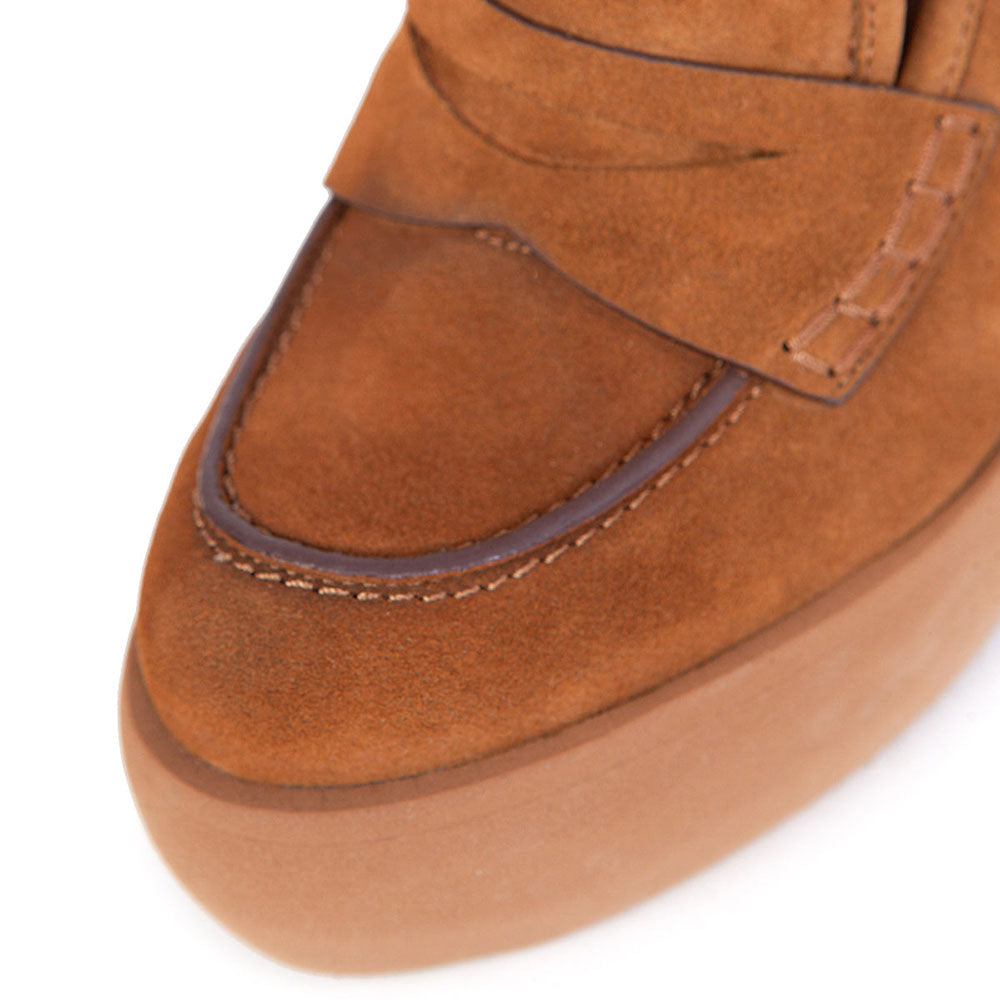 Brown Vegan Suede Block Heel Platform Penny Loafers for Women