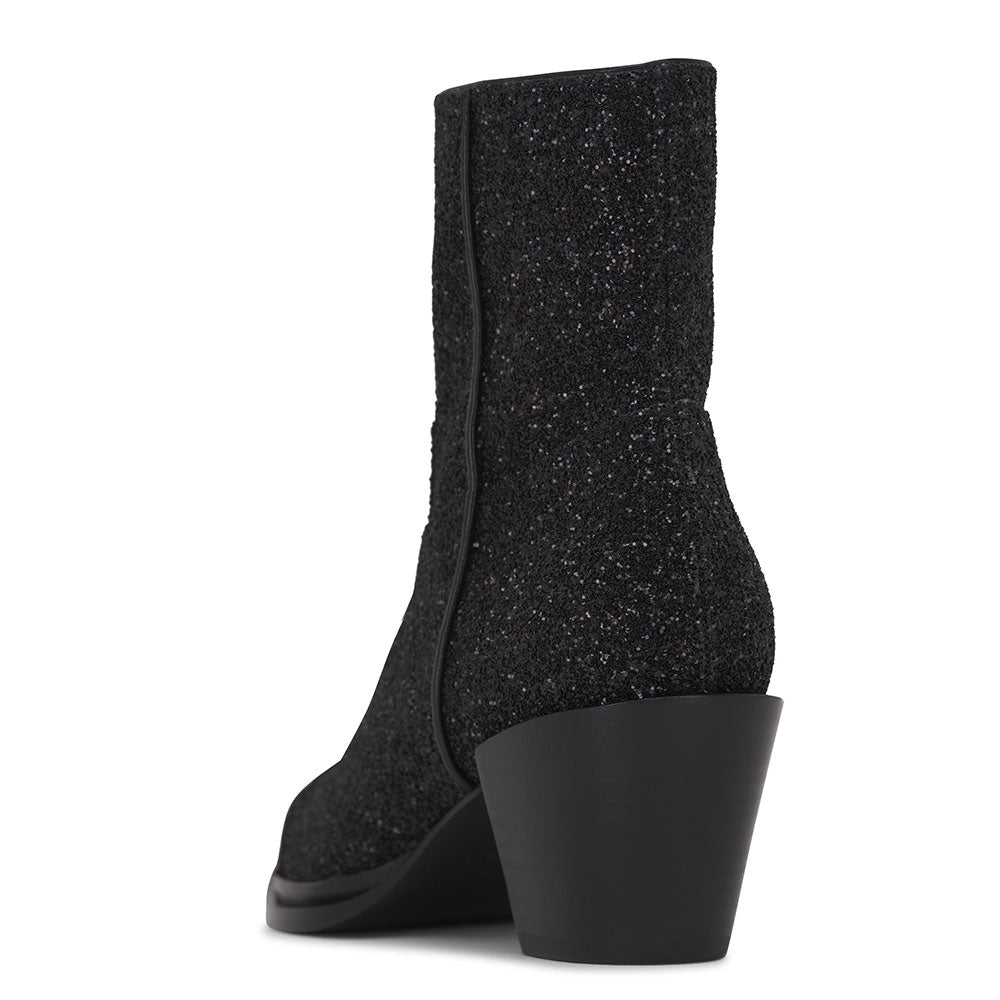 Black Glitter Snip Toe Side-Zipped Block Heel Ankle Boots for Women