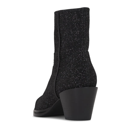Black Glitter Snip Toe Side-Zipped Block Heel Ankle Boots for Women