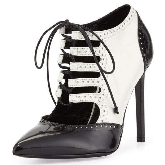Black & White Pointed Toe Saddle Shoes Lace-Up Cutout Pumps Heels