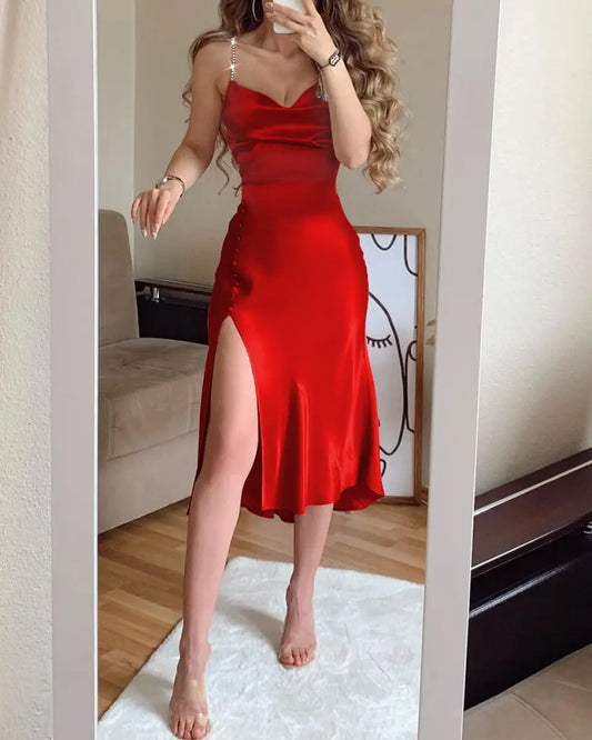 PM450,Silk Satin Prom Dresses, A-Line Sleeveless Party Dresses Simple Formal Dress With Split