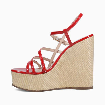 Red & Beige Open Toe Buckle Strappy Wedge Sandals with Woven Platform