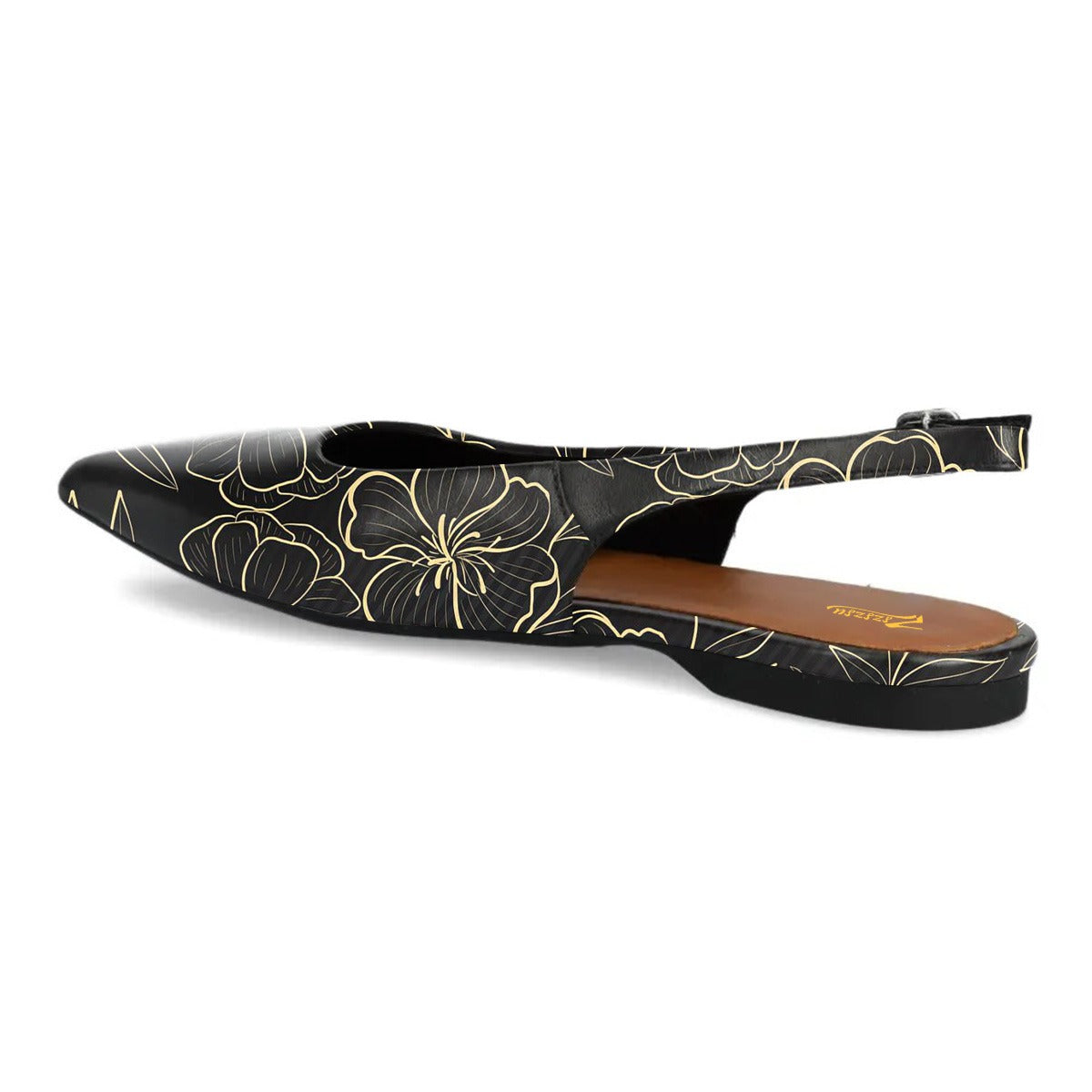 Black Pointed Toe Gold Flower Print Slingback Women's Dress Flats