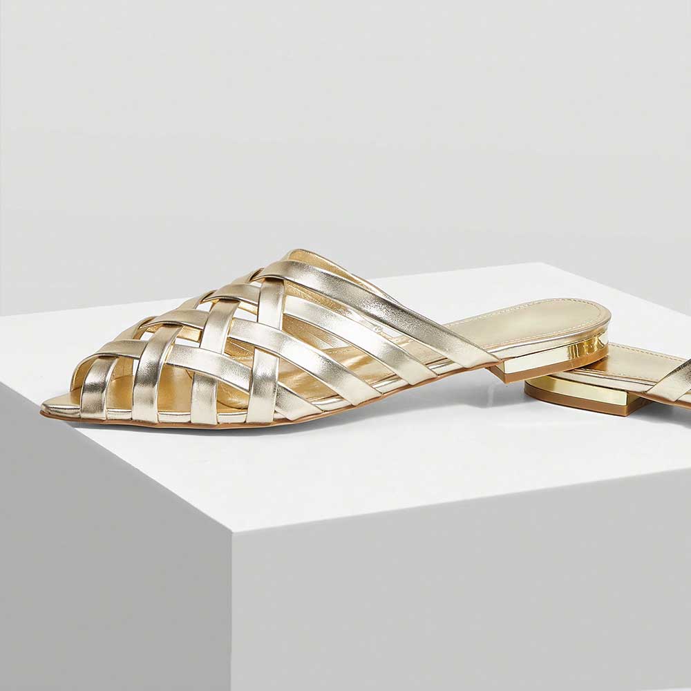 Metallic Finish Woven Pointed Toe Flat Gold Mules for Women