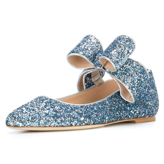 Blue Glitter Bow Pointy Toe Comfortable Flats