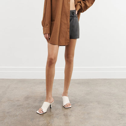 Beige Bone Snake Print Toe Ring Mules Sandals with Kitten Heel