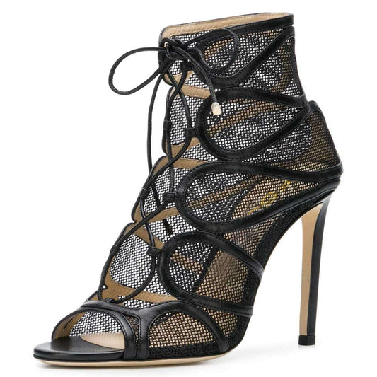 Black Nets Peep Toe Booties Lace Up Stiletto Heel Ankle Boots