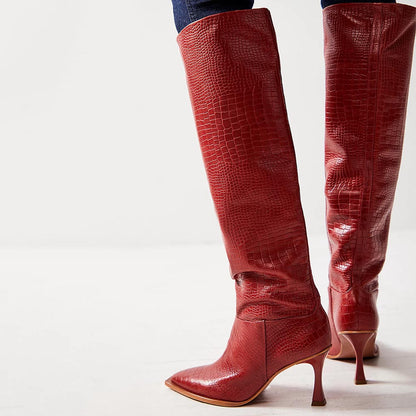 Red Snip Toe 3'' Kitten Heel Wide-Calf Croc Embossed Knee High Boots