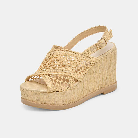 Beige Raffia Woven Detail Slingback Wedge Sandals with Platform