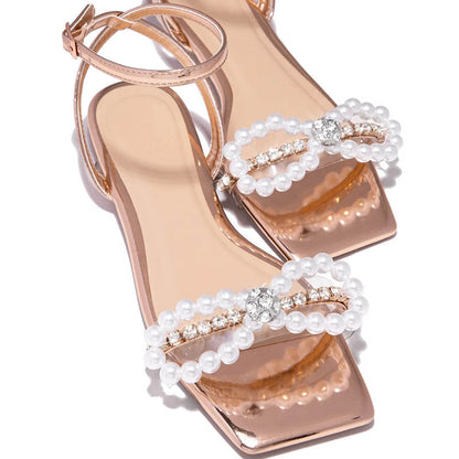 Rose Gold Square Toe Flats Ankle Strap Pearl Bow Rhinestone Sandals