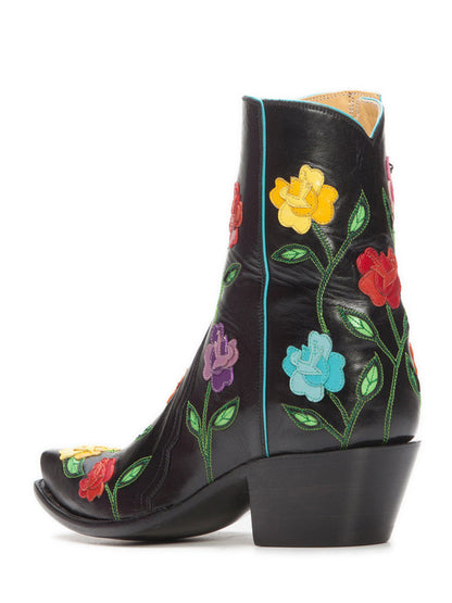 Black Decorative Floral Inlay Snip Toe Chunky Heel Zipped Ankle Boots