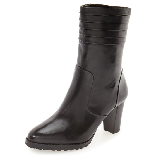 Black Chunky Heel Pleated Detail Side Zipper Mid-Calf Boots