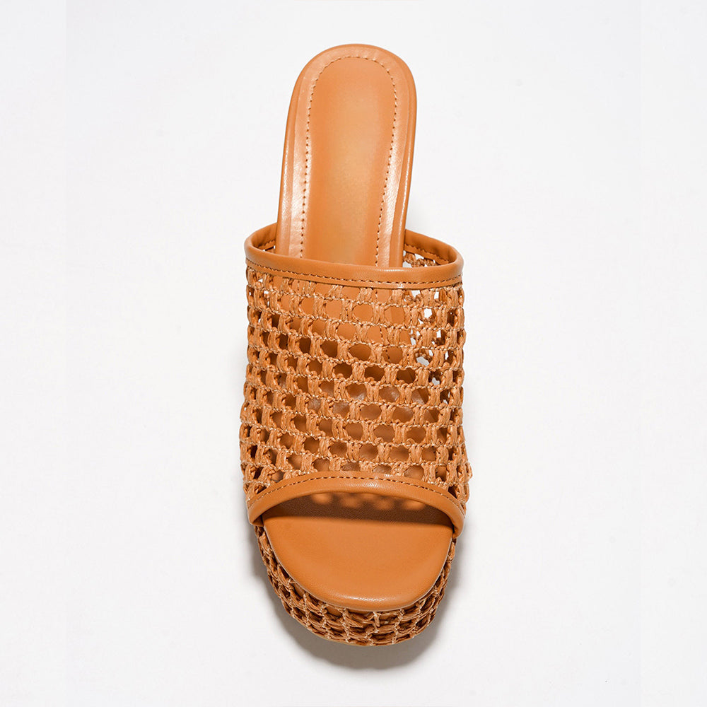 Brown Round Toe 4'' Chunky Heel Woven Wide Band Platform Mules