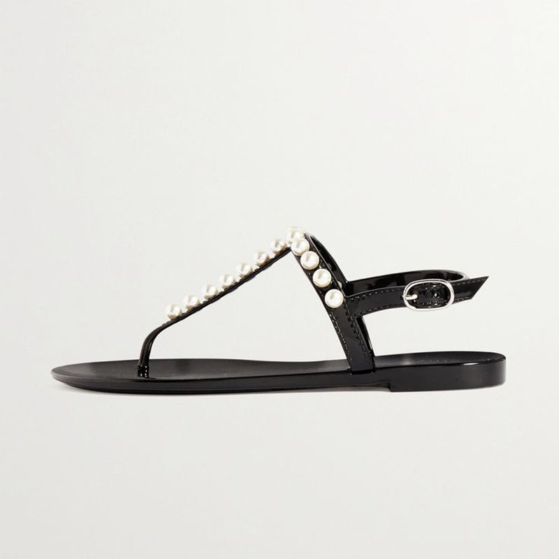 Black Summer Sandals Open Toe Pearl Ankle Strap Casual Flats
