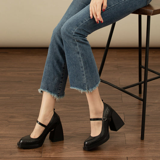 Black Vegan Leather Closed Toe 4'' Chunky Heel Platform Loafers