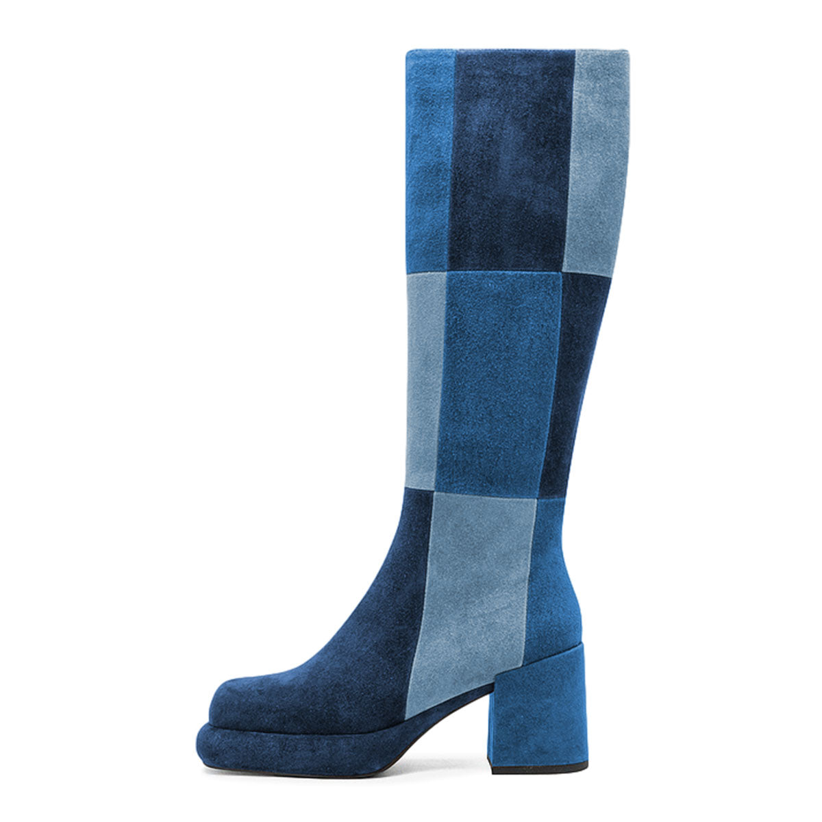 Blue Color Block Round Toe Chunky Heel Platform Zip Knee High Boots