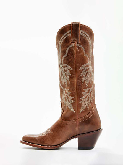 Brown Vegan Leather Embroidered Wide-Calf Lady's Knee High Boots