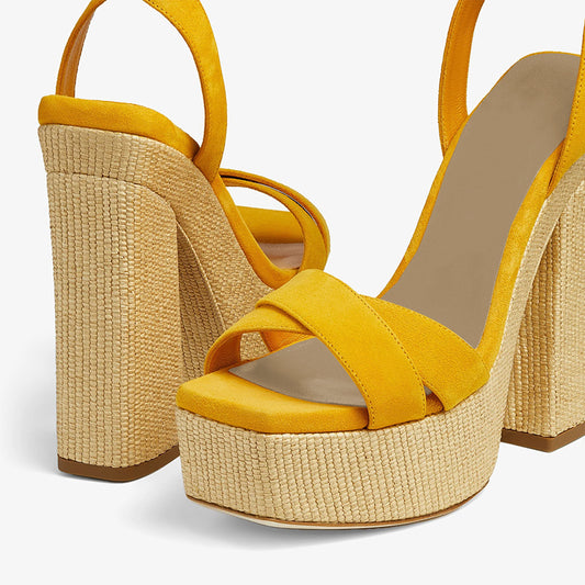 Yellow Vegan Suede Summer Sandals Open Toe Ankle Strap Platform Heels