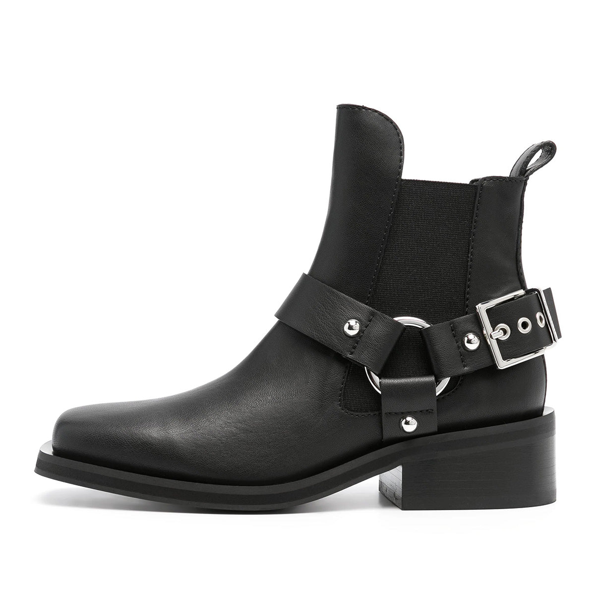 Black Buckle Strap Square Toe Ankle Boots for Women with Low Heel